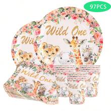 97PCS Wild One Safari Animal Tableware Set, Floral Jungle Theme Party Supplies, Disposable Plates Cups Napkins Kit For Kids Celebration, Family Event, Outdoor Gathering - A - Übersicht 3