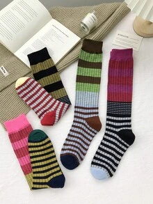 1/4 Pairs Vintage Striped Compression Calf Socks, Women's Fashion Color-Block Long Socks, Slimming Barn Style Y2K Outfit, Pairs With Leather Shoes, Boots, Sandals, Suitable For Various Occasions - Multicolor - View 9