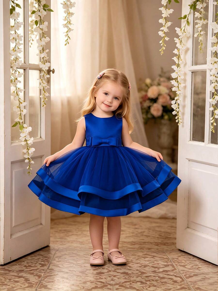Baby Girls Bow Tulle Tutu Dress, Elegant Party Dress, Suitable For Ball, Headband Not Included - Royal Blue - View 1