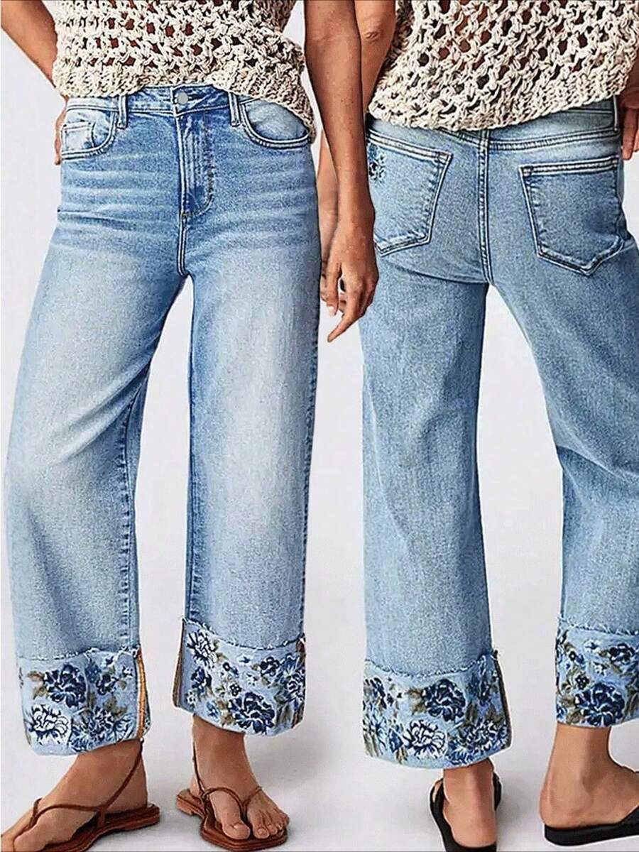 Pantalones vaqueros rectos de talle medio bordados de moda para mujer, artículo muy vendido y popular - Azul - Ver 1