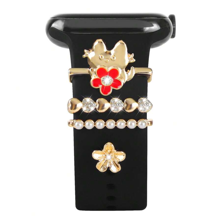4pcs Cute Cartoon Cat & Flower Silicone Strap Decor, Heart Rhinestone & Pearl Decorative Ring - Gold - View 1