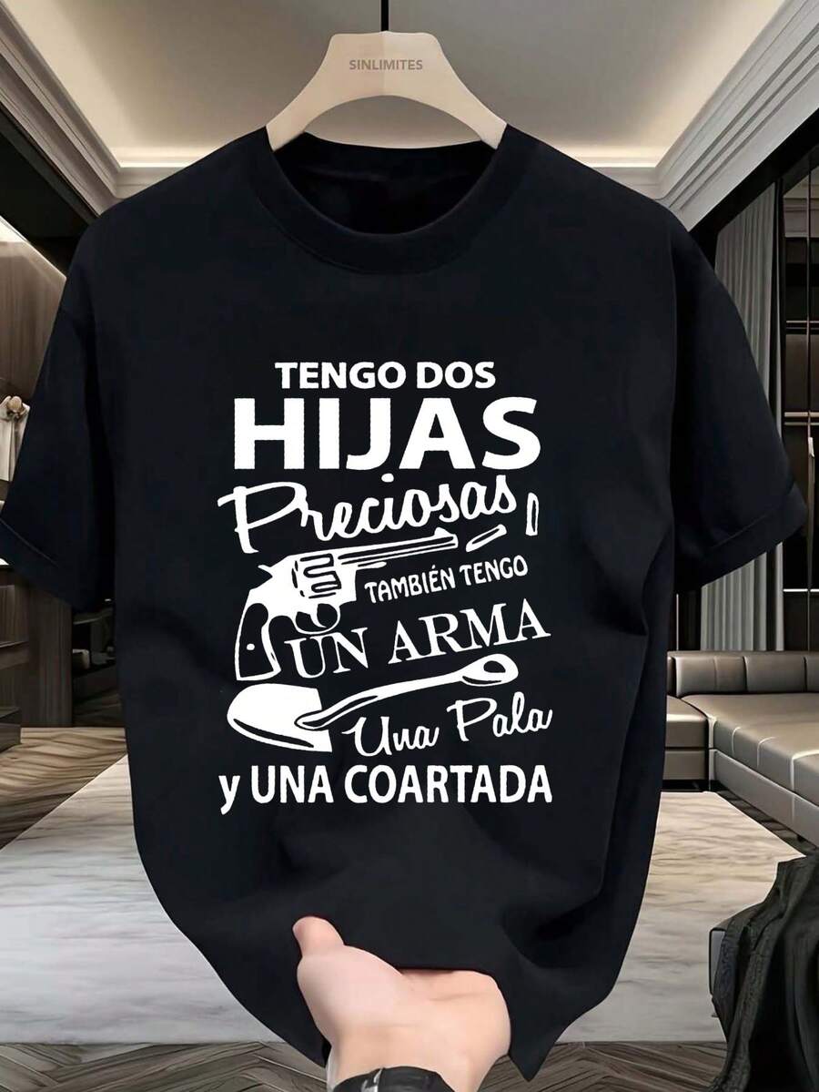 Multi-Size Spanish Slogan T-Shirt, Round Neck, Popular Summer Father's Day Gift - 黑色 - 查看 1
