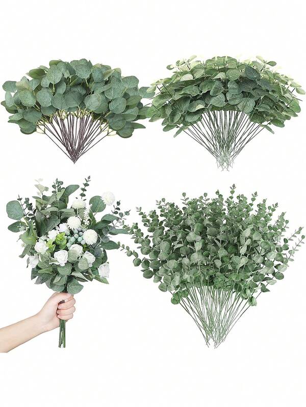 3/30/60/120 piezas Hojas y tallos de eucalipto mixtos, hojas de eucalipto de dólar de plata artificiales a granel, ramos de eucalipto secos, relleno de florero, decoración de boda