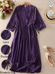Plus Size Summer Autumn Vintage Romantic Casual Elegant Lace Patchwork Dress For Women, Waist Tie V-Neck Slimming Design Lace Patchwork Collar, Lace Patchwork Cuffs, Commute Vacation Holiday Daily Mid-Length Dress - Purple - View 2