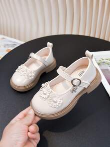 Spring/Autumn New Girls' Princess Shoes With 3D Petal And Pearl Decor, Soft Sole, Breathable, For Party And Banquet - Beige - View 7