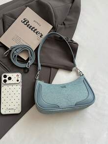 1 buah Tas Bahu Wanita Bahan PU Warna-Blok, Tas Serbaguna untuk Kerja dan Perjalanan, Tas Selempang dengan Tali yang Dapat Diatur - Dusty Blue - View 4