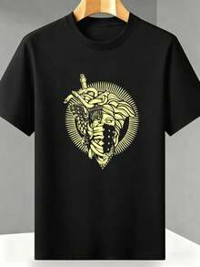 Men's Black Medusa and Snake Graphic T-Shirt, Fall Crew Neck, Relaxed Fit, Casual, Comfortable Fit, Unique Graphic Print - Preto - Ver 1
