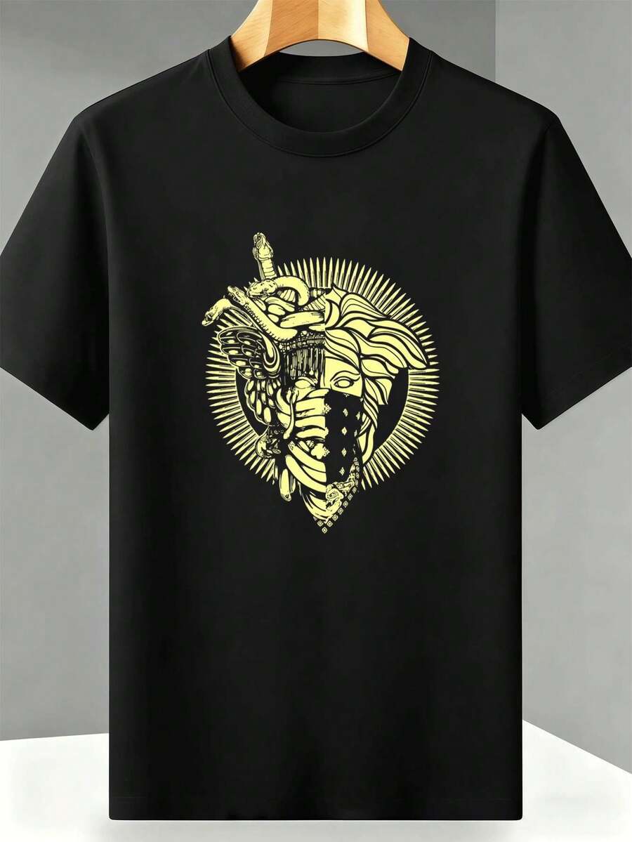 Men's Black Medusa and Snake Graphic T-Shirt, Fall Crew Neck, Relaxed Fit, Casual, Comfortable Fit, Unique Graphic Print - Preto - Ver 1