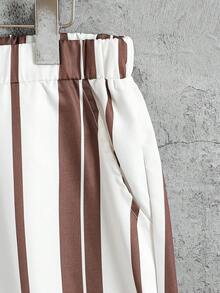 Summer New Men's Vintage Vertical Striped Shirt Collar Set Loose Short Sleeve Top Shorts Casual Wear - Brown - View 8