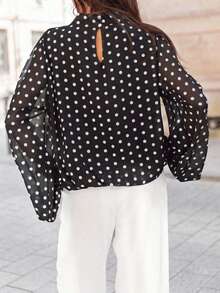 New Stylish & Elegant Women's Polka Dot Shirt, Colorblock Dot Print Full Body Casual/Holiday Shirt, Long Sleeve Polka Dot Colorblock Print Button-Up Casual/Holiday/Date/Back To School/Party Shirt Vacation Black Summer - Black - View 6