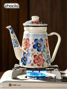 choxila 1 buah Teko Teh Enamel Motif Bunga dengan Tutup, Teko Kopi Enamel Gaya Vintage untuk Kompor - Teko enamel berbentuk bunga - View 6