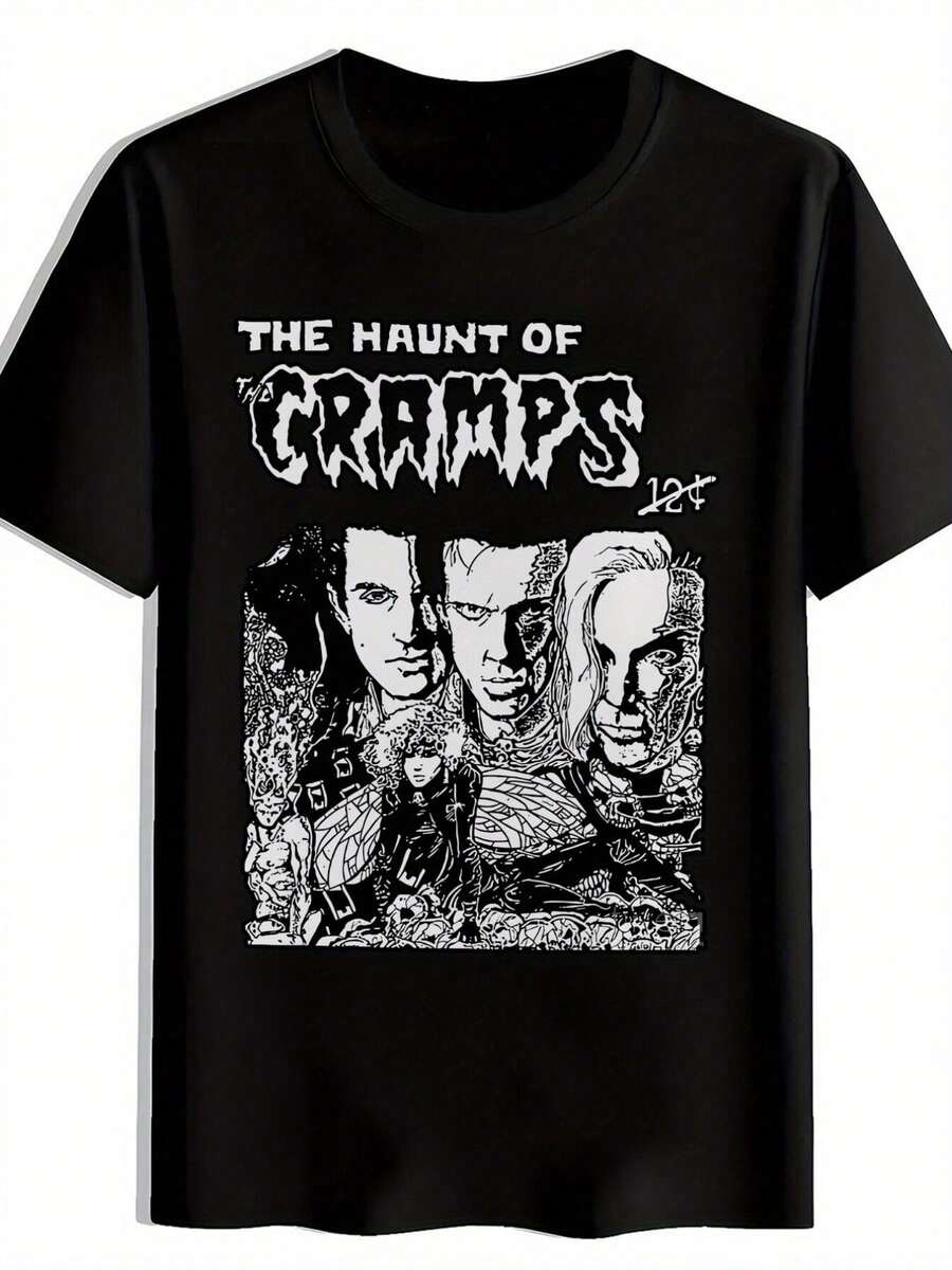 de manga corta con cuello redondo negro. Estampado de música vintage, lavable a máquina. Camiseta de grupo, Top de verano, Cárdigan, Top de verano, Corte estándar, Para todas las estaciones - Negro - Ver 1