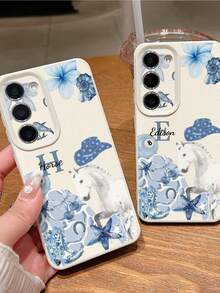 1pc Customizable Initial & Name Phone Case With Fresh Blue & White Watercolor Western Cowboy Horse Pattern Design, Compatible With IPhone 17 Pro Max/17 Air/16E/16 Pro Max/15/14 Plus/13/12/11, S24/20 Ultra/A52S/A31A21S/A13/A05S, Note 13 Pro Plus/Note 10/Note 12C/Note 13C, Made Of TPU Material, Fashionable Personalized Shockproof, Minimalist Yet Textured Design, Suitable For Users Who Love Horse Elements Or Seek Personalized Phone Accessories - White - View 5