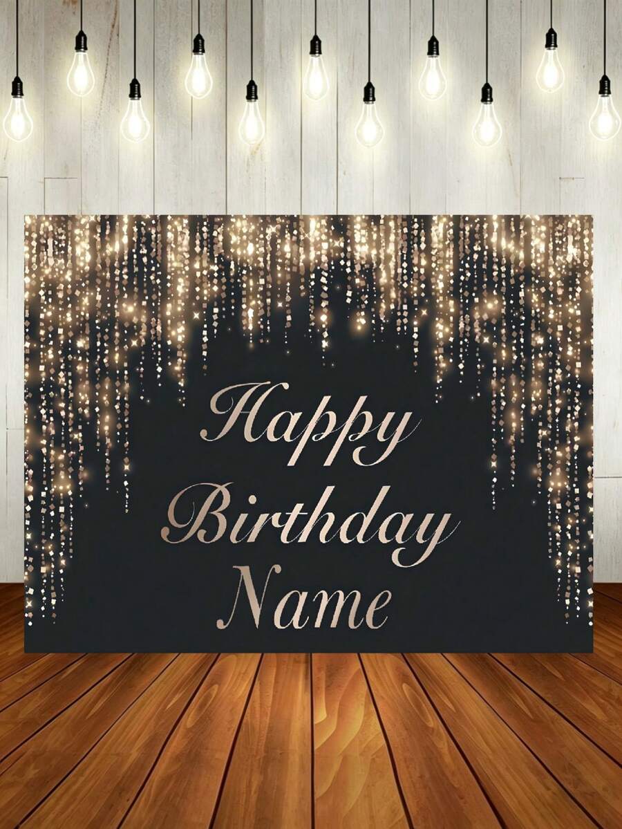 Pancarta personalizable con tema de nombre y cumpleaños, fondo negro y dorado, diseño de piedras de strass plateadas con brillo, ideal para la mesa del pastel en la fiesta de cumpleaños, telón de fondo para fotografía
