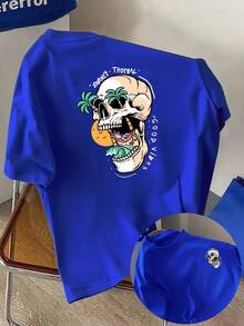 Estilo tropical, estampado de calaveras tanto en la parte delantera como en la trasera, nueva camiseta de cuello redondo para hombre, top holgado de moda casual y deportiva, camiseta de mang - Blanco - Ver 8