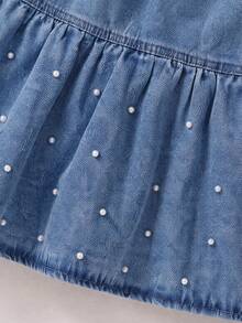 Falda vaquera multicapa decorada con perlas para niñas con cintura elástica, falda vaquera mini casual de línea A, de moda y versátil - Lavado ligero - Ver 6