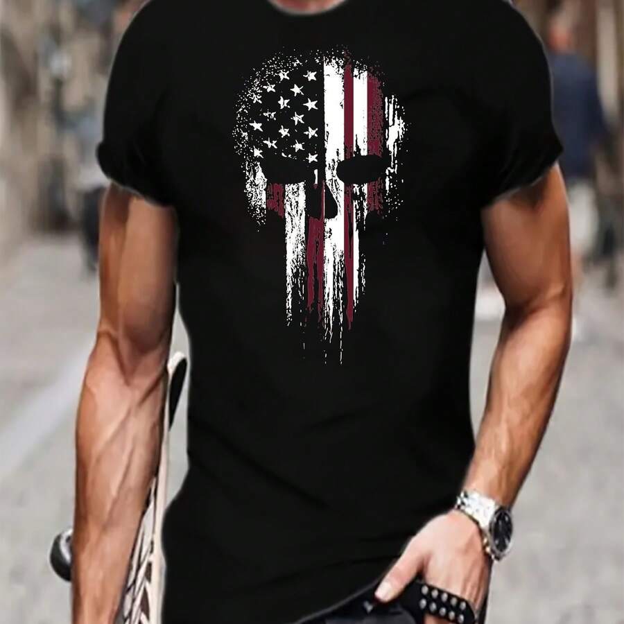 Men's Plus Size T-Shirt With Skull And US Flag Graphic Print. - Black - View 1