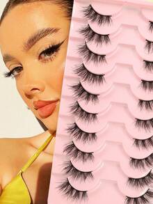 10 Pairs Fluffy 3D Half Eye False Eyelashes, Create Elongated Eye Tail Look, Realistic Mink Fur Messy Style False Eyelashes - 黑色 - 查看 1