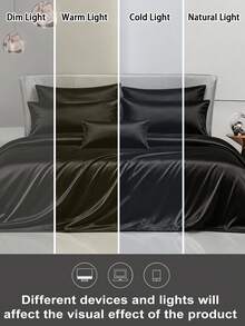 3pcs Luxury Satin Duvet Cover Bedding Set, Silky Lightweight & Breathable Fabric For Cozy Sleep. Minimal Stylish Design With Zipper Closure And Inner Corner Ties. Available In Double/Full/Queen/King Sizes, All-Season Practical Home Bedding. - Black - View 8