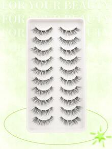 10 Pairs Cat Eye False Eyelashes With Extended Outer Corners, 3D Fluffy Natural Soft Invisible Transparent Band - Black - View 3