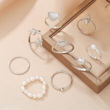9 piezas Serie Oceánica Anillos de Estrella de Mar Concha y Perla, Adecuado como Regalo de Accesorios de Joyería Diaria para Mujeres - Nuevo Océano 8 Plata - Ver 9