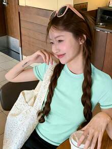 女款小眾設計修身短袖T恤，夏季圓領顯瘦美式風百搭辣妹上衣休閒款 - 薄荷綠-1 - 查看 4
