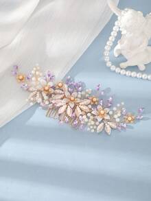 1pc Elegant Handmade Pearl Flower Hair Comb, Vibrant Red Crystal Accessory For Wedding Dress, Bridal Headpiece For Banquet, Birthday, Princess - Mauve Purple - View 5