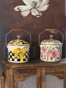 Vintage Luxury Enamel Storage Bucket With Lid, Large Capacity Home Storage Jar, Classic Colorful Floral Print Design, Fine Smooth Enamel Material Moisture-Proof Stain-Resistant Easy To Clean, Equipped With Metal Handle And Wooden Grip, Convenient And Effortless To Move, Sealed Lid Design Effectively Prevents Dust And Insects, Practical Storage For Kitchen Ingredients, Snacks And Dried Goods - View 4