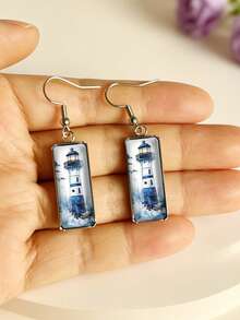 1 Pair Rectangular Ocean Style Pattern Sailboat Earrings Sailboat/Lighthouse/Anchor/Starfish Shell Summer Beach Vacation Earrings - Silver - View 6