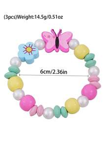 Set di 3 braccialetti in perline di legno con unicorno e farfalla per bambini, braccialetti elastici con ciondoli floreali arcobaleno, gioielli carini a tema cartoni animati, regali di amicizia per ragazze - Multicolore - Visualizzare 2