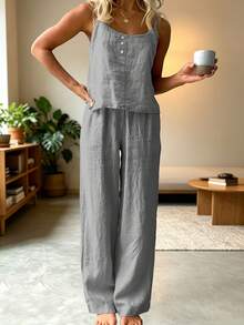 Conjunto de dos piezas de pantalones y camisola sin mangas, ropa exterior holgada y a la moda, estilo femenino y elegante. - Azul del lago - Ver 12