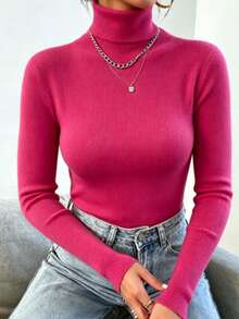Women's Knitted Blouse High Neck Cacharrel Basic Wool Sweat Fashion Shipping!!! - 玫紅色 - 查看 1