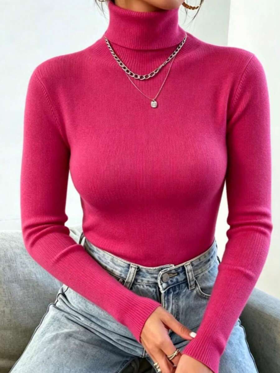 Women's Knitted Blouse High Neck Cacharrel Basic Wool Sweat Fashion Shipping!!! - 玫紅色 - 查看 1