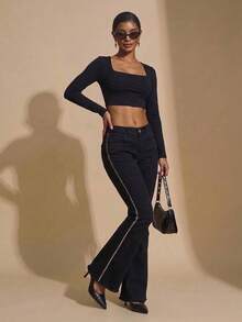 pthirillo Women's Black Flare Jeans With Butt-Lifting Effect, High Waist, And Rhinestone Detail - Premium Rhinestone Jeans - Lateral Rates - View 3
