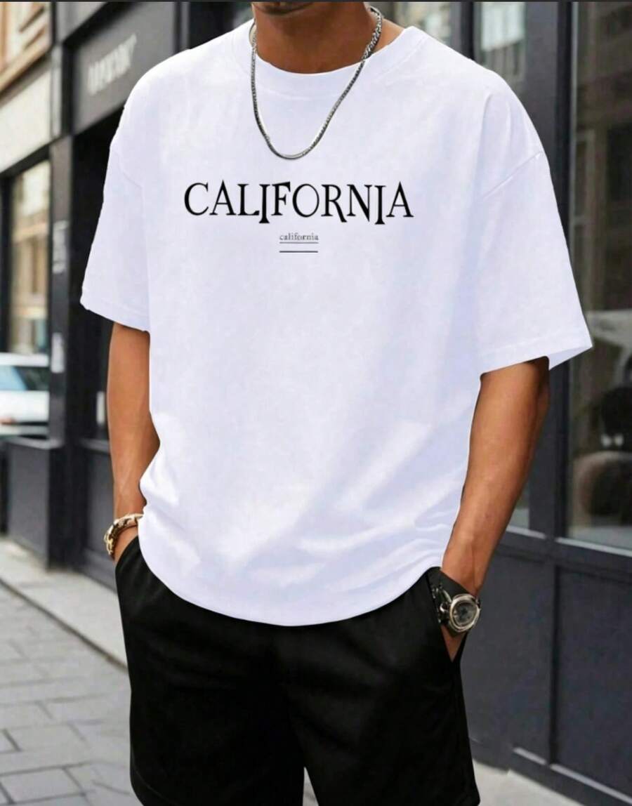 Men's Short-Sleeved T-Shirt, Made Of Printed Cotton, Lightweight And Comfortable For Everyday Casual Wear. This Is Not A Set; The Pants Shown Are For Illustrative Purposes Only. - 白色 - 查看 1