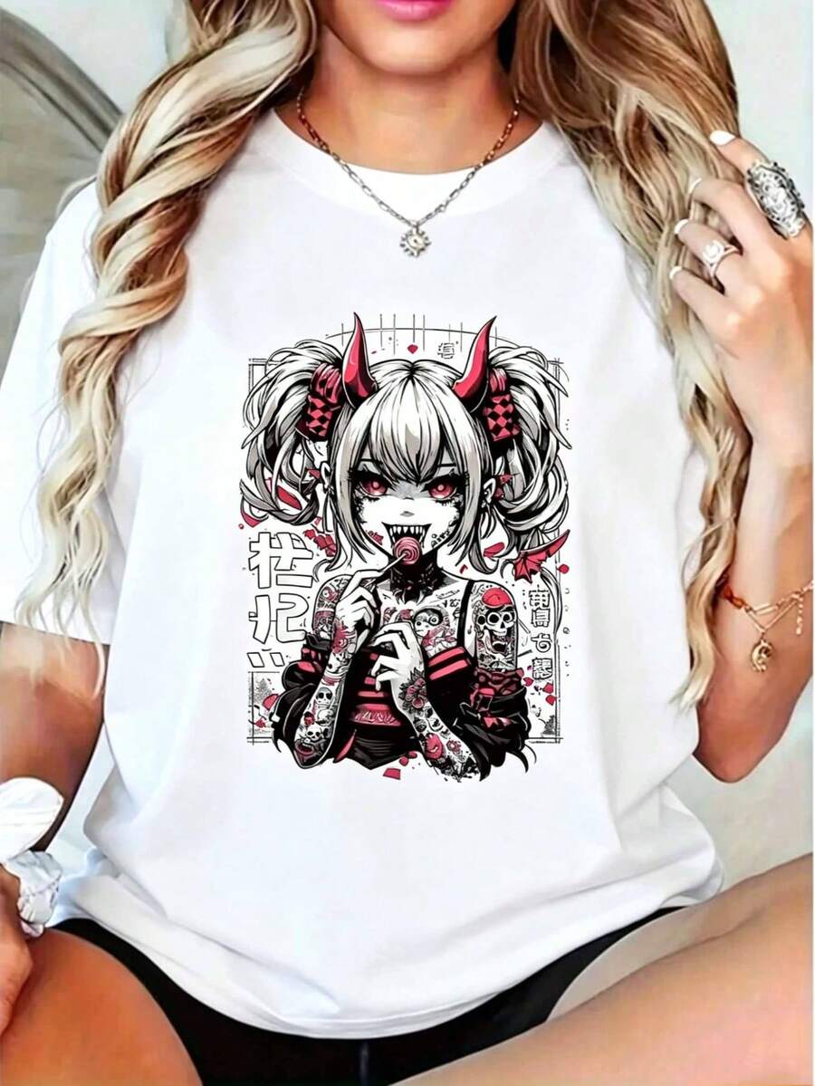 Women's Clothing Women's Gothic Anime Graphic Print Cotton T-Shirt, Short Sleeve, Round Neck, Regular Fit, Grunge Style, Women's Shirts - 白色 - 查看 1
