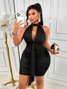 Plus Size Black Halter Neck Cutout Twist Knot Ruched Bodycon Mini Dress Elegant Party Summer - Black - View 3