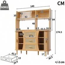 High-Quality Sideboard With Rattan Look And Glass Sliding Doors, 174.5cm High Kitchen Cabinet With Storage Space, Natural Wood/Walnut Look, Load Capacity Up To 60kg - Wood + MDF + Metal - View 2