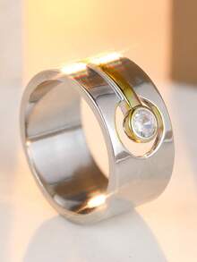 現代雙色戒指，圓形人造立方氧化鋯鑲嵌，女性極簡主義珠寶，婚禮週年紀念 - 雙色 - 查看 3