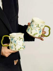 1 pieza Taza de cerámica hecha a mano con brote azul, estilo pastoral fresco, gran capacidad, taza de café de cerámica asimétrica hecha a mano, adecuada para taza de agua de oficina, café, varios tés, uso comercial - Multicolor - Ver 3