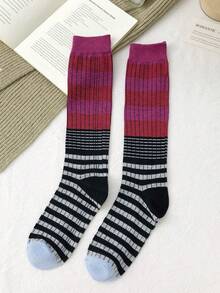 1/4 Pairs Vintage Striped Compression Calf Socks, Women's Fashion Color-Block Long Socks, Slimming Barn Style Y2K Outfit, Pairs With Leather Shoes, Boots, Sandals, Suitable For Various Occasions - Multicolor - View 12