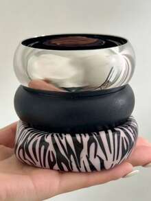 3pcs Chunky Bangle Bracelet Set For Women, Zebra Print, Matte Black & Metallic Silver Bracelet Stack, Statement Summer Jewelry Accessories - one-size - View 5