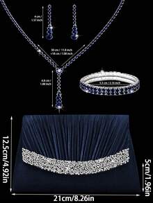 Bolso de mano de noche plisado con strass brillante, bolso de hombro de fiesta lujoso para mujer, combinado con collar colgante de strass brillante, pendientes, pulsera, adecuado para fiestas, reuniones, bailes, banquetes nocturnos - Azul Marino - Ver 3