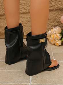 1 Pair Toe-Post Sandals, Open Toe, Toe-Post Bootie Design, Combines Breathability Of Sandals And Style Of Boots, Solid Color Bohemian Microfiber Leather Buckle Boots Boots, Party Shoes For All Seasons, Suggest Ordering Half Size Up - Black - View 6