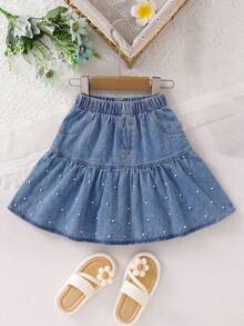 Falda vaquera multicapa decorada con perlas para niñas con cintura elástica, falda vaquera mini casual de línea A, de moda y versátil - Lavado ligero - Ver 2