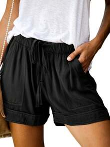 Women's Casual Shorts With Adjustable Drawstring, Elastic Waistband, Solid Color, Lightweight, For Summer Beach, With Pockets - 黑色 - 查看 2