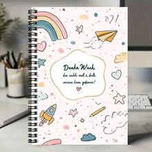 1pc Cute Hand-Drawn Spiral Coil Notebook, Cover With Rainbow, Paper Airplane And Other Childlike Patterns, With Heartwarming German Text. 100 Pages Practical Inner Pages, Suitable For Work Records, Study Notes, Diary Writing, Etc. Great Choice For Graduation Gifts, Birthday Gifts, Daily Planning, Memo Pads. - I - View 5