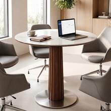 Tribesigns 31.5-Inch Round Conference Table For 2-4 People, Small Wood Meeting Room Table With Thickened Sintered Stone Tabletop And Stainless Steel Base (White + Walnut) - White and Dark Walnut - View 9