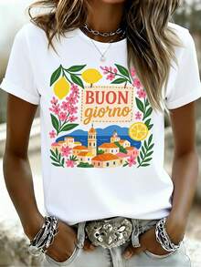 Featuring A Cocktail Print Inspired By Amalfi, Perfect For A Bold Outfit, Casual Sportswear, Elegant Women's Clothing, Short-Sleeved Crew Neck T-Shirt. - 白色 - 查看 1