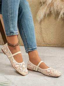 Spring/Summer Lace Mesh Women's Flat Square Toe Hollow Out Ballet Shoes With Single Strap, Breathable Casual Commuter Shoes - White - View 2